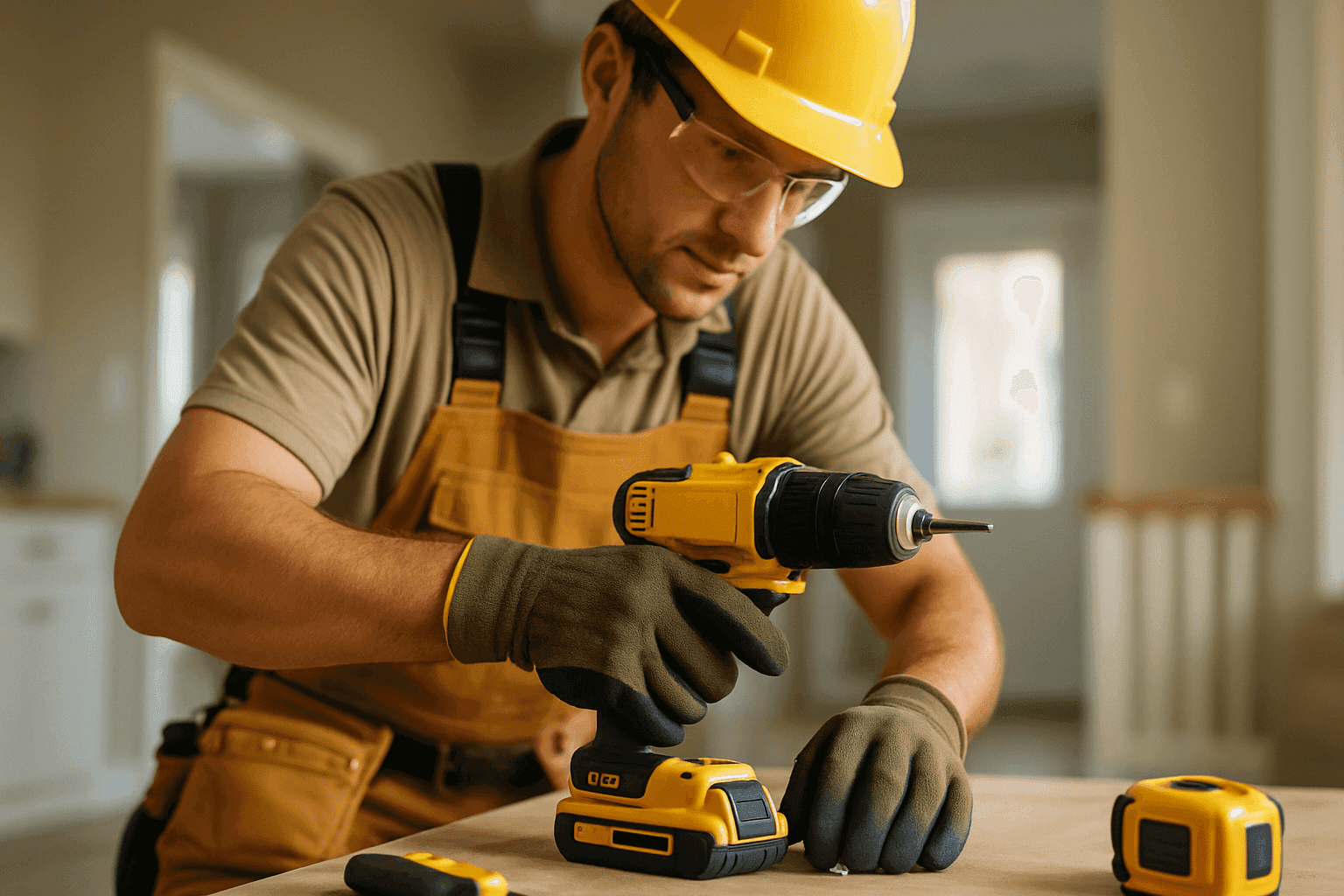 Professional handyman wearing gloves and goggles using a cordless drill in a tidy home interior