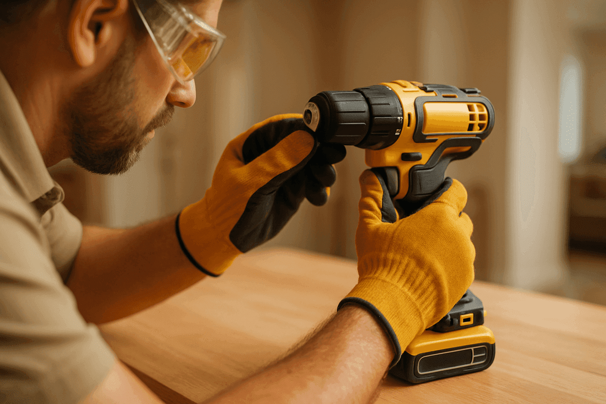Close-up of gloved hands adjusting a cordless drill on a clean wooden workbench in a home workspace